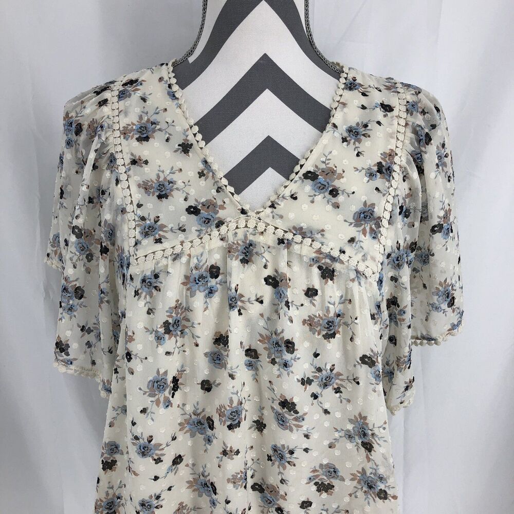 DR2 Cream Blue Floral Pompon Fringe V-Neck Blouse Lined Boho Shirt Small